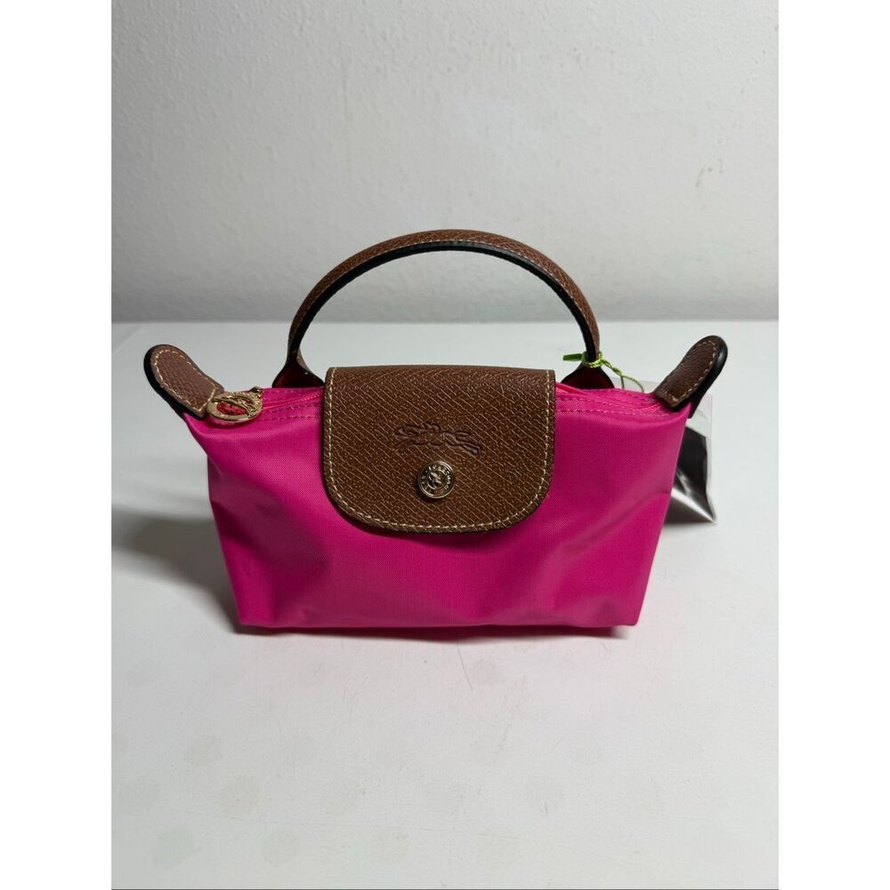Longchamp Mini Le Pliage Nylon Rose Pink Brown Top Handle Bag + Strap